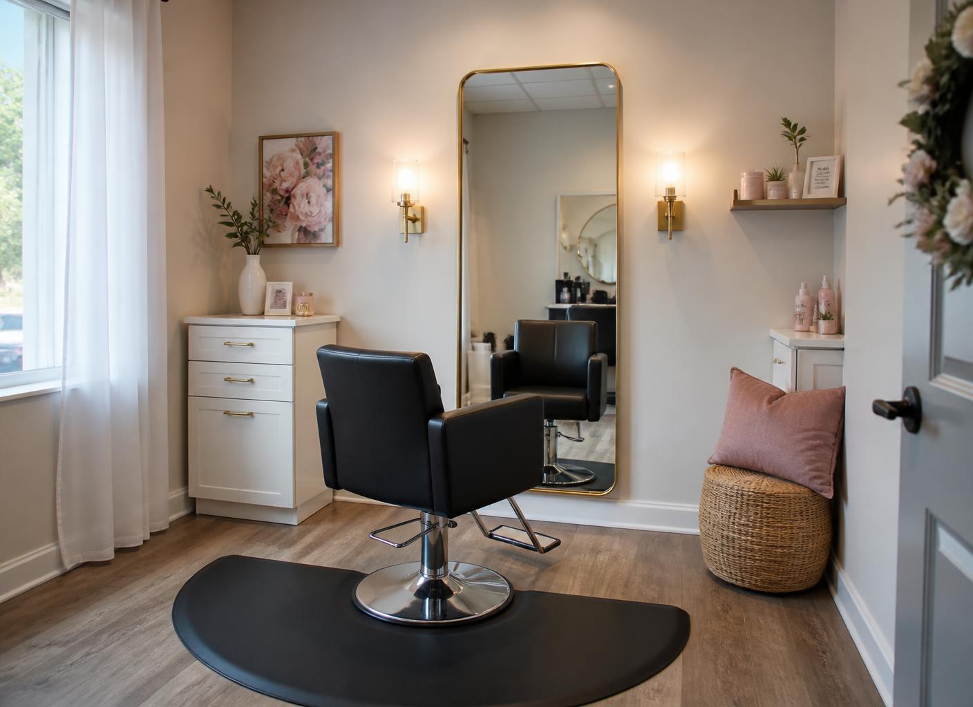 Private barber space in Forest Park with a barber chair facing a full-length mirror and a bright window